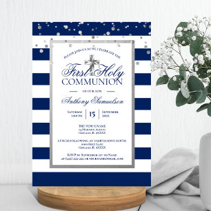 Invitation Silver Navy Blue Stripes Premier Saint Communion G