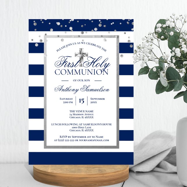 Invitation Silver Navy Blue Stripes Premier Saint Communion G (Silver Navy Blue Stripes First Holy Communion Boy Invitation)