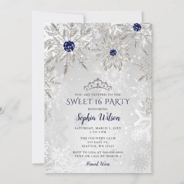 Invitation Silver Navy Snowflakes Tiara Sweet 16 (Devant)