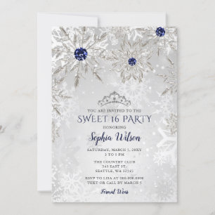 Invitation Silver Navy Snowflakes Tiara Sweet 16