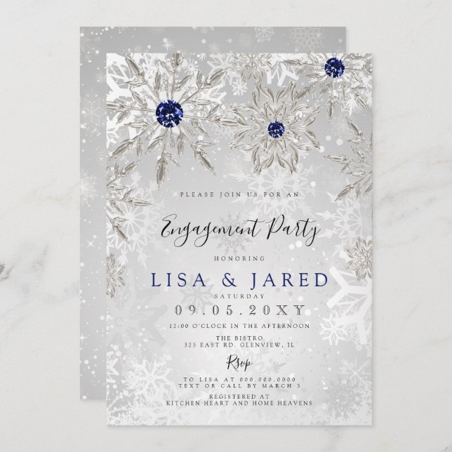 Invitation Silver Navy Snowflakes Winter Engagement Party (Devant / Derrière)