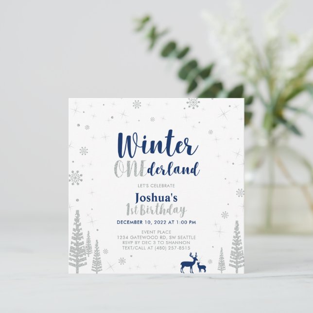 Invitation Silver & Navy Winter Onederland 1er Anniversaire (Debout devant)