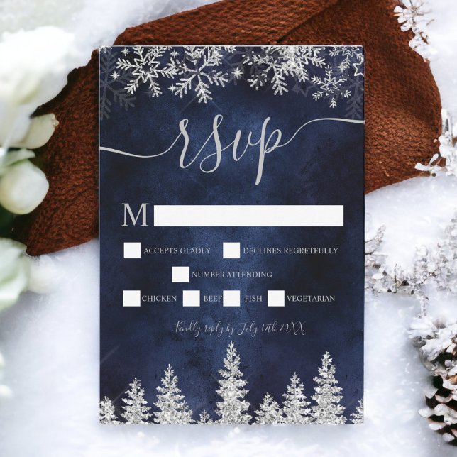 Invitation Silver neigeux marine Noël hiver rsvp (Silver snow pine navy Christmas winter rsvp Invitation)