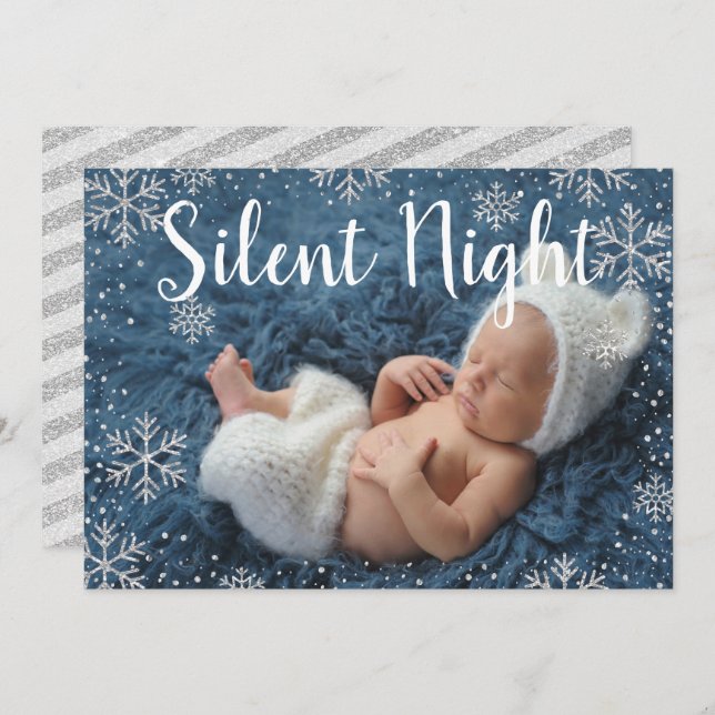Invitation Silver Night Silver Snowflakes Naissance du bébé d (Devant / Derrière)