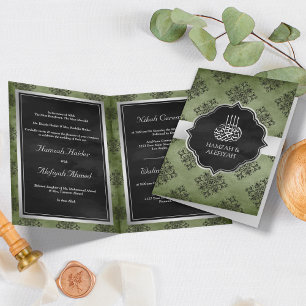 Invitation Silver Olive Green Black Damask Mariage musulman