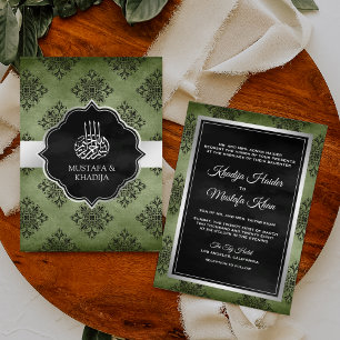 Invitation Silver Olive Green Black Damask Mariage musulman