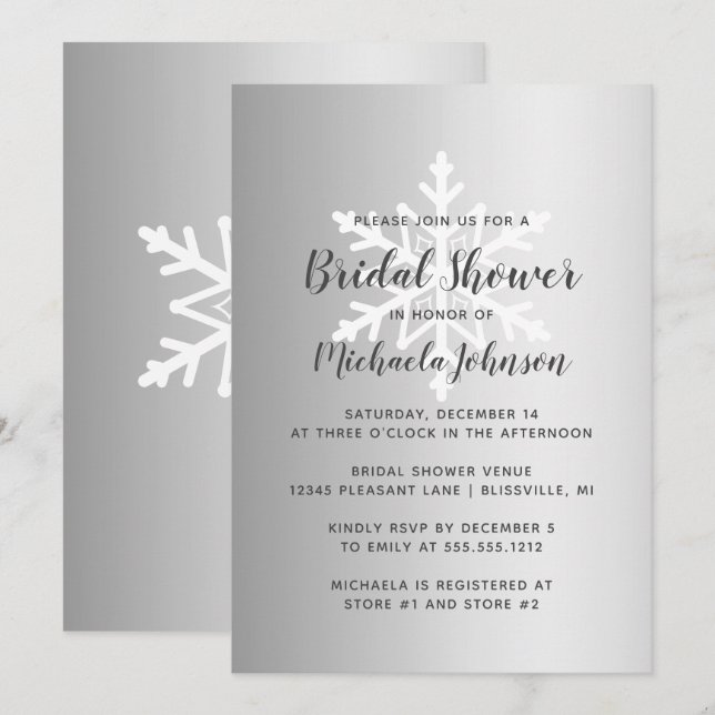 Invitation Silver Ombre Winter Snowflake Fête des mariées (Devant / Derrière)
