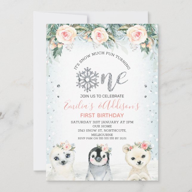 Invitation Silver One Twins Hiver Animaux 1er Anniversaire (Devant)