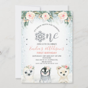 Invitation Silver One Twins Hiver Animaux 1er Anniversaire