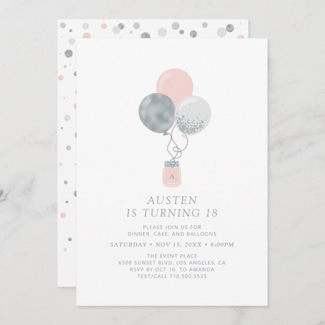 Invitation Silver & Pink Balloons Moderne 18e fête d'annivers (Devant / Derrière)