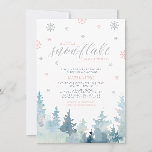 Invitation Silver & Pink | Flocon de Neige Baby Shower d'Hive (Devant)