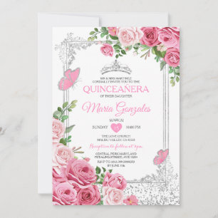 Invitation SIlver Pink Quinceañera papillon de la Couronne 15