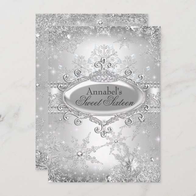 Invitation Silver Princess Winter Wonderland Sweet 16 Invitat (Devant / Derrière)