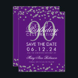 Invitation Silver Purple 90e anniversaire Date de sauvegarde<br><div class="desc">Elégant design "90th Birthday Party" avec Silver Faux Parties scintillant Confetti violet et nom personnalisé et détails texte. Facile à utiliser et facile à personnaliser. Commandez aujourd'hui !</div>