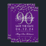 Invitation Silver Purple 90e anniversaire Date de sauvegarde<br><div class="desc">Elégant design "90th Birthday Party" avec Silver Faux Parties scintillant Confetti violet et nom personnalisé et détails texte. Facile à utiliser et facile à personnaliser. Commandez aujourd'hui !</div>