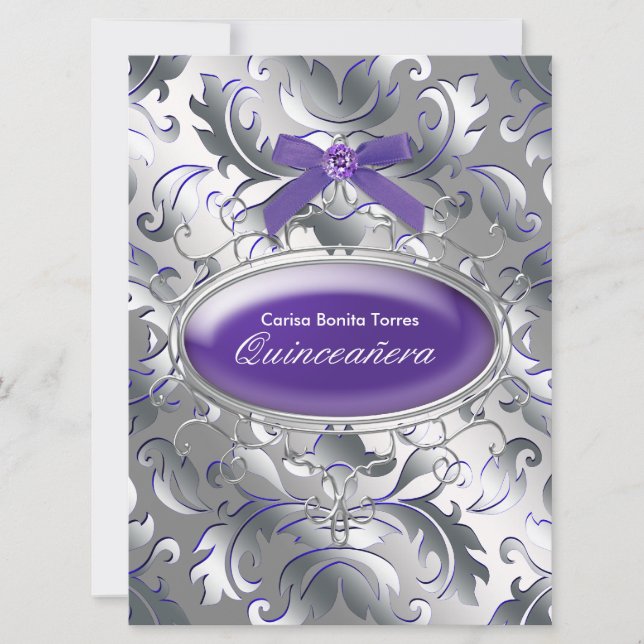 Invitation Silver Purple Damask Élégant Violet Quinceanera (Devant)