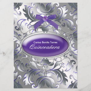 Invitation Silver Purple Damask Élégant Violet Quinceanera