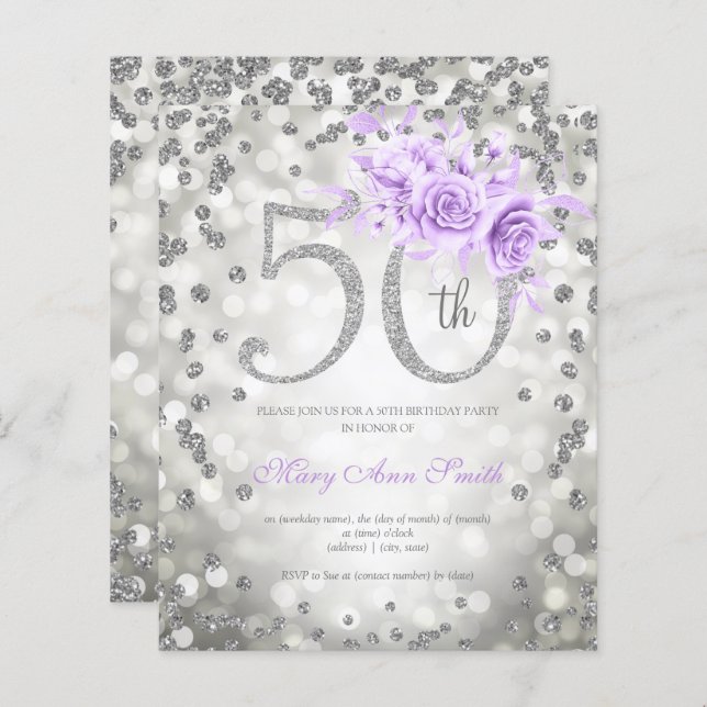 Invitation Silver Purple Floral 50e Anniversaire (Devant / Derrière)