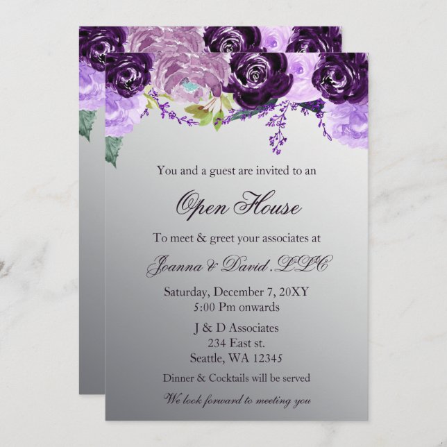 Invitation Silver Purple Floral Business Corporate Party (Devant / Derrière)