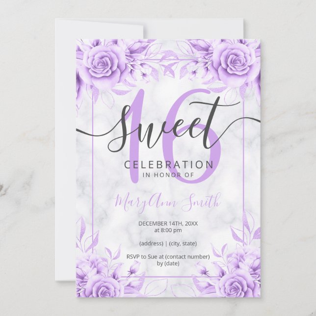 Invitation Silver Purple Floral Sweet 16 Parties scintillant  (Devant)