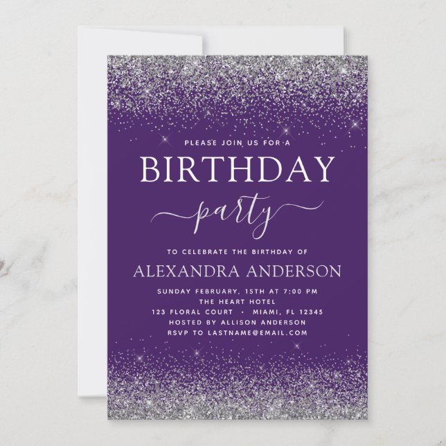Invitation Silver Purple N'Importe Quel Âge Anniversaire Part (Devant)