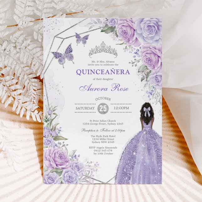 Invitation Silver Purple Quinceañera Butterfly Princess Party (Créateur téléchargé)