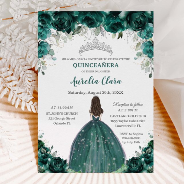 Invitation Silver Quinceañera Emerald Green Floral Princesse (Créateur téléchargé)