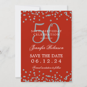 Invitation Silver Red 50th Birthday Enregistrer la date Confe