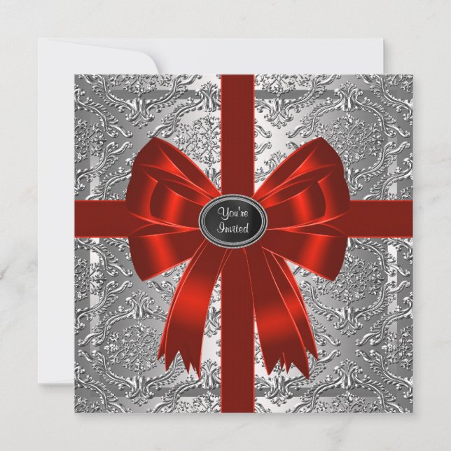 Invitation Silver Red Damask Corporate Christmas Party (Devant)