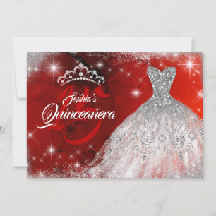 Invitation Silver Red Lace Diamond Gown Tiara Quinceanera