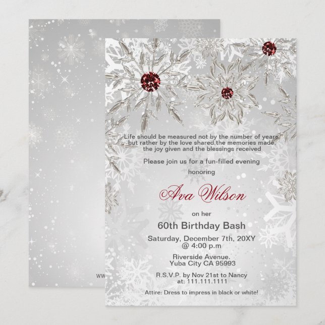 Invitation Silver Red Snowflakes Winter 60th Birthday Party (Devant / Derrière)