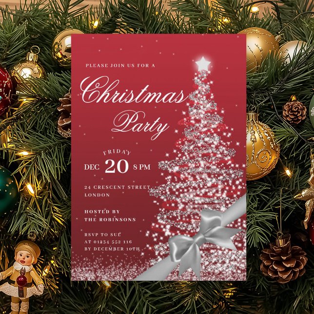 Invitation Silver Red Winter Christmas Tree Bow Holiday  (Silver Red Winter Christmas Tree Bow Holiday Invitation)