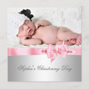 Invitation Silver rose Damask Bow Girl Photo Christening
