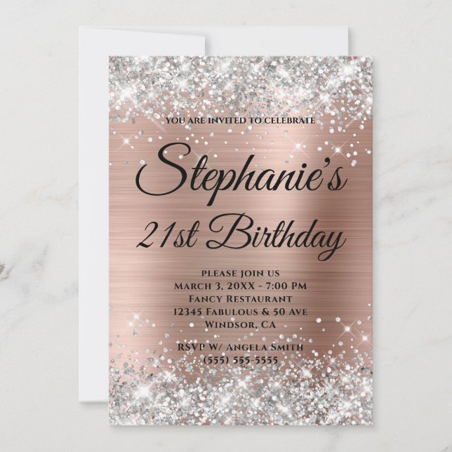 Invitation Silver Rose Gold Fancy Monogramme 21e anniversaire (Devant)