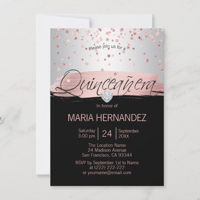Invitation Silver Rose Rose Or huile noire QUINCEANERA 15 (Devant)