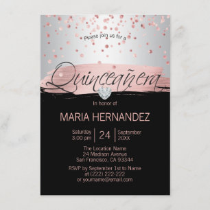 Invitation Silver Rose Rose Or huile noire QUINCEANERA 15