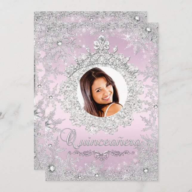 Invitation Silver rose Tiara Snowflake Sparkle Quinceanera (Devant / Derrière)