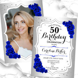 Invitation Silver Royal Blue Photo Elegant 50e anniversaire