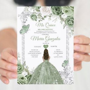 Invitation Silver Sage Green Mis Quince 15 Anos Butterfly