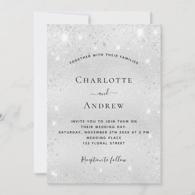 Invitation Silver scintille le code QR mariage RSVP (Devant)