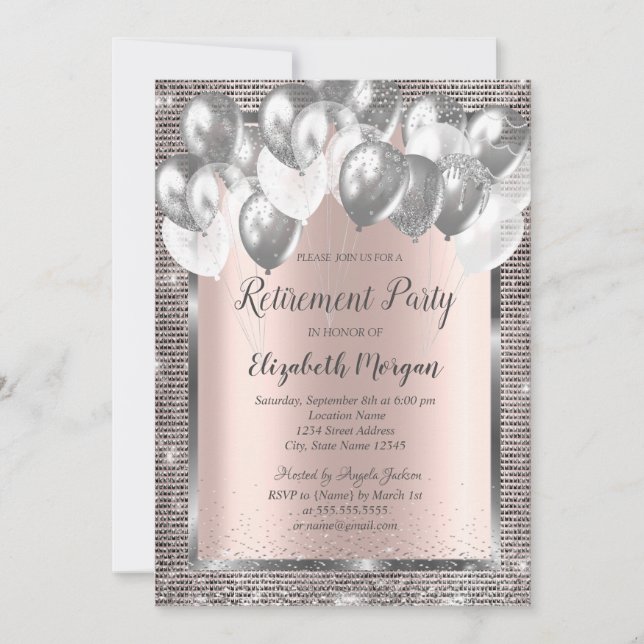Invitation Silver Sequins Ballons Rose Gold Retraite (Devant)