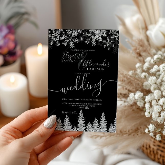 Invitation Silver snow pine black Christmas winter wedding (Silver snow pine black Christmas winter wedding Invitation)