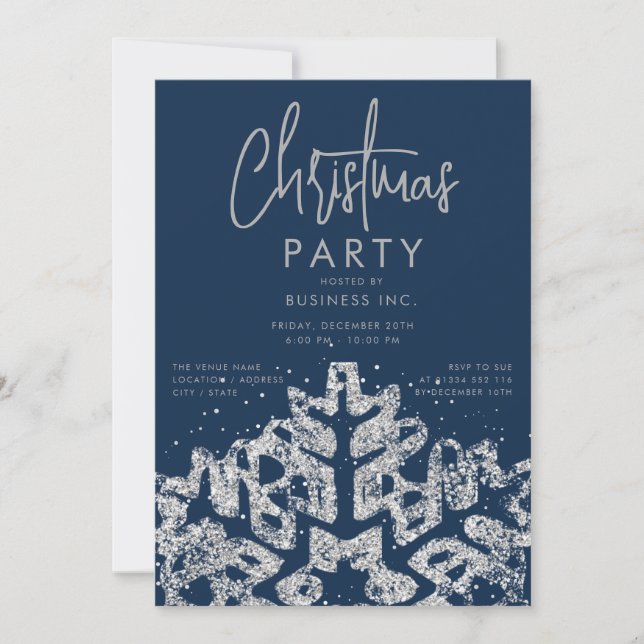 Invitation Silver Snowflake Entreprise Fête de Noël Marine (Devant)