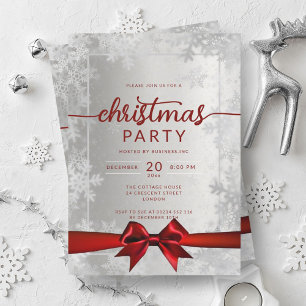 Invitation Silver Snowflakes Company Christmas Red Ribbon