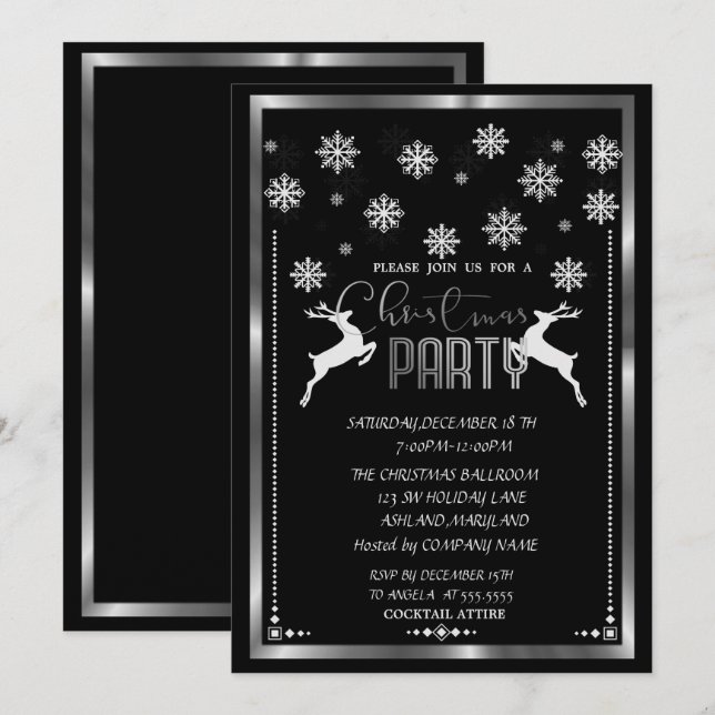 Invitation Silver Snowflakes, Deer Company fête de Noël (Devant / Derrière)