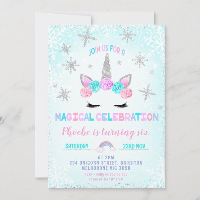 Invitation Silver Snowflakes Winter Unicorn Visage Anniversai (Devant)