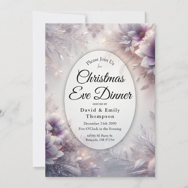 Invitation Silver Soft Amethyst Winter Christmas Eve Dinner (Devant)