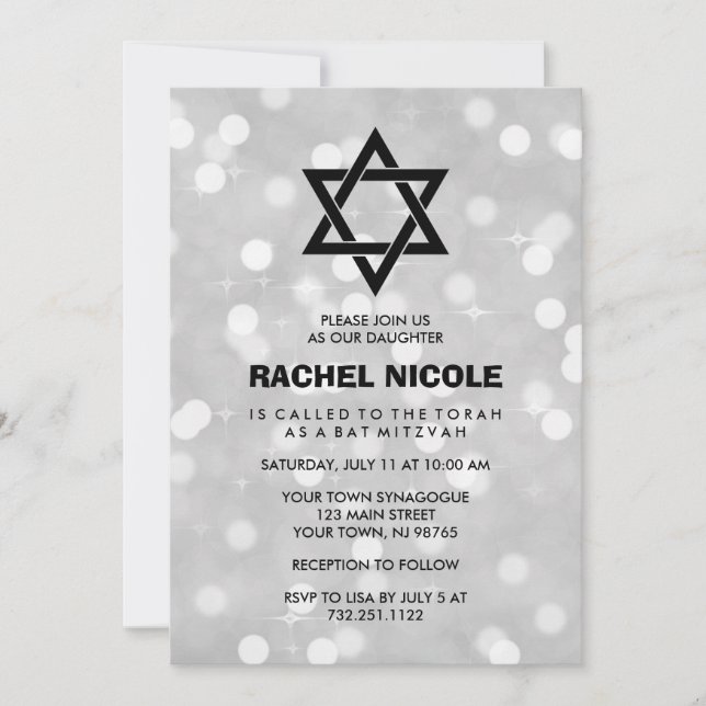 Invitation Silver Sparkle Bokeh Bat mitzvah et étoile de Davi (Devant)