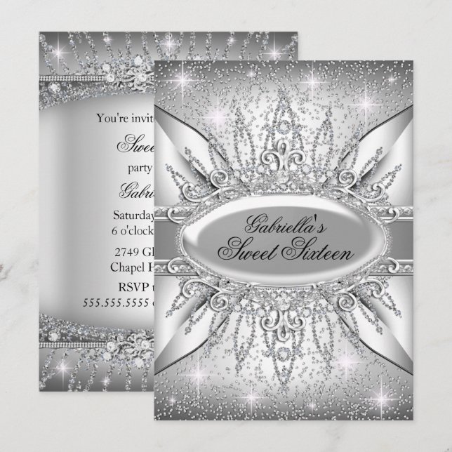 Invitation Silver Sparkle Diamond Sweet 16 (Devant / Derrière)
