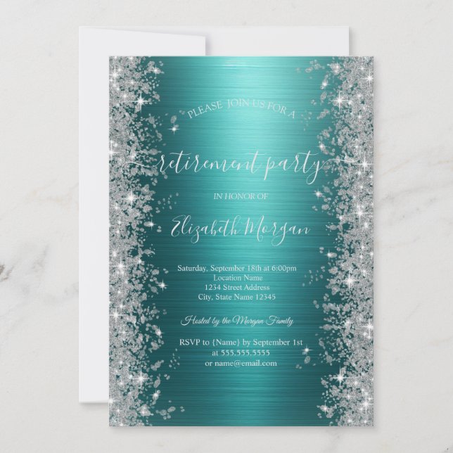 Invitation Silver Sparkle Diamonds Green Metallic Retirement  (Devant)